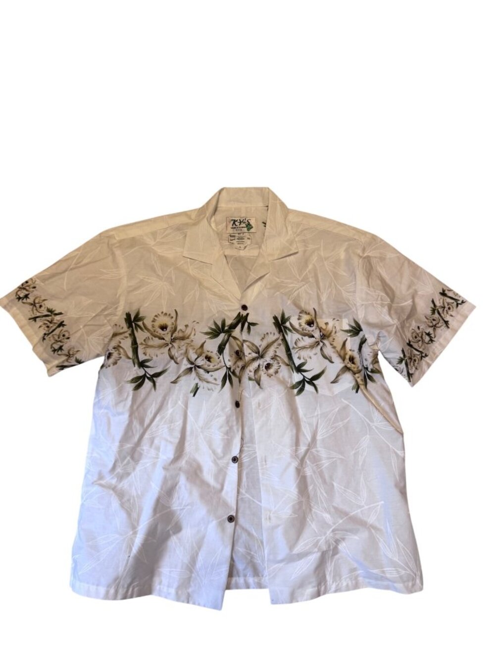 KY’S Hawaiian Shirt Mens Large Ivory Cotton Bamboo Floral Camp Aloha Button Up - Picture 4 of 9